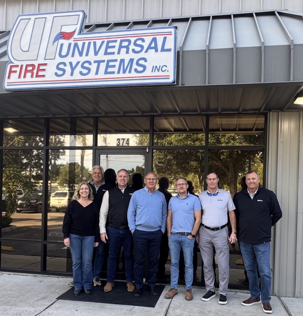 Pictured (L to R): Deena Dunham, Universal Fire Controller; Jay Strickland, Pye-Barker VP of Business Development; Aaron Jones, Universal Fire Co-owner and VP; Darrell Mayo, Universal Fire Owner and President; Josh McGlade, Pye-Barker Regional Director; Rod DiBona, Pye-Barker EVP of Business Development; Bill Munier, Pye-Barker Regional VP
